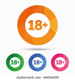18 plus years old sign. Adults content icon. Triangular low poly button with flat icon. Vector