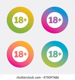 18 plus years old sign. Adults content icon. Gradient flat buttons with icon. Modern design. Vector