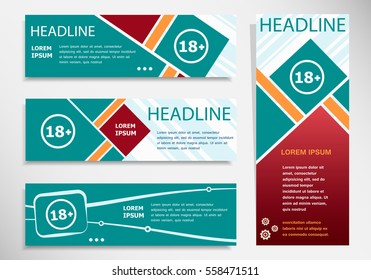 18 plus years old sign. Adults content icon on horizontal and vertical banner. Modern abstract flyer, banner, brochure design template. 