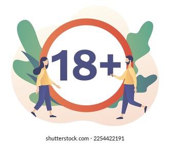 18+ restriction sign. Age limit symbol. Adult only. Prohibition sign for people under eighteen years of age. Modern flat cartoon style. Vector illustration on white background