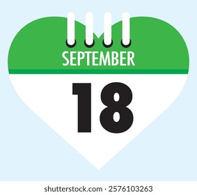 18 September calendar icon green heart shape on light sky blue color background, calendar vector symbol for the month of September.