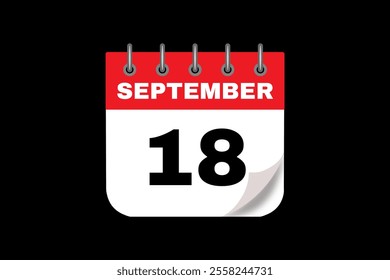 18 September calendar icon text page monthly web design on red, white and black background vector, icon, or illustration with the month of September 18