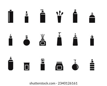 18 Set of filled icons. Cosmetics bottles. Fragrance. Soap. Toothbrush. Bathroom.