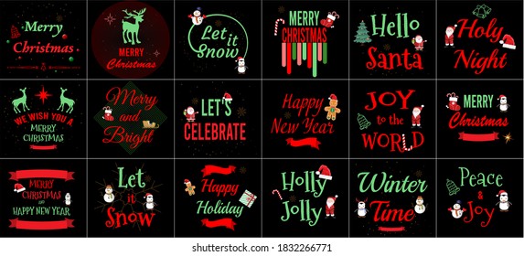 18 Set of Merry Christmas & Happy New Year typographic design for elements, labels, symbols, icons, objects, covers, posters, banners, flyers. 
 Vector illustration EPS 10.