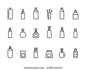 18 Conjunto de iconos resaltados. Botellas de cosméticos. Fragrancia. Jabón. Cepillo de dientes. Cuarto de baño.