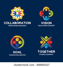 18 Set of Team Work badge label logo template icon graphic design and elements. Collection of art  symbols signs and emblems. Vector illustration with a gradient fill on navy background.