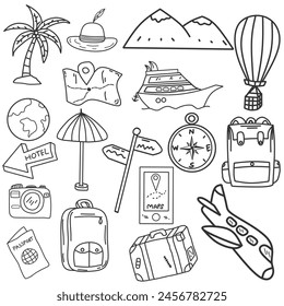 18 set of vacations and holiday symbol vector illustration or collection of traveling and tourism elements with white and black color