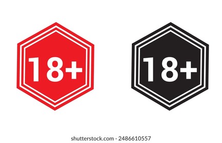 18 sign warning symbol isolated on white background, 18 plus, censored, eighteen age older adult content black and red colors vector illustration. EPS 10