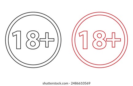 18 sign warning symbol isolated on white background, 18 plus, censored, eighteen age older adult content black and red colors vector illustration. EPS 10