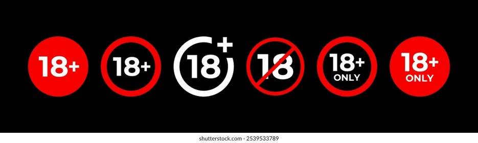 Conjunto de símbolos de advertencia de 18 signos aislados sobre fondo blanco, más de 18, censurado, contenido para adultos mayores de dieciocho años. Vector 10 eps.