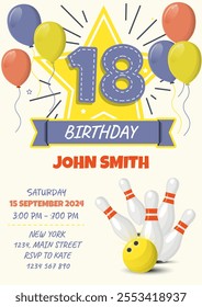 18 st. Children's birthday invitation card with bowling ball and pins.