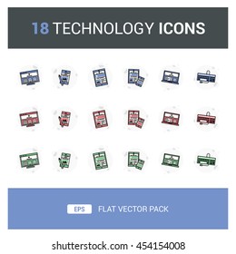 18 Technology Flat Vector Icon Pack that contain items such as computer, keyboard, laptop, phone, tablet and others, can be use for website, app, leaflet, brochure, or as a graphic element.