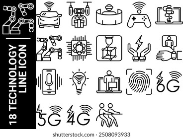 18 technology line icon, black and white