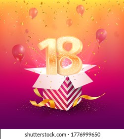 18 th years anniversary vector design element. Isolated Eighteen years jubilee with gift box, balloons and confetti on a bright background. 