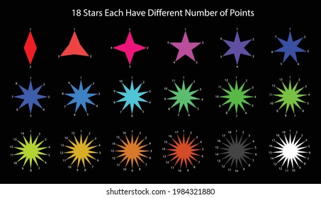 18 vector illustration colorful stars that each have different number of point on black background.