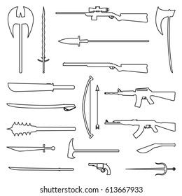 18 weapon outline icon. Medieval and modern. Flat vector Illustration.