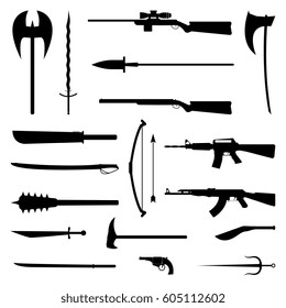 18 weapons icon. Medieval and modern. Flat vector Illustration.
