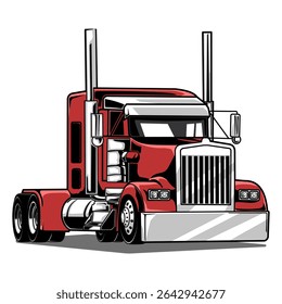 18 wheeler big rig freight semi truck vector isolated in transparent background. Red American trucking illustration