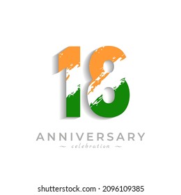 18 Year Anniversary Celebration with Brush White Slash in Yellow Saffron and Green Indian Flag Color. Happy Anniversary Greeting Celebrates Event Isolated on White Background