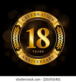 18 Year Anniversary celebration template design, with shiny ring and gold ribbon, laurel wreath isolated on black background, logo vector