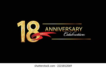 18 Year Anniversary celebration Vector Design. 18th Anniversary celebration. Gold Luxury Banner of 18th Anniversary celebration with red ribbon and glitter. Background celebration. Vector anniversary