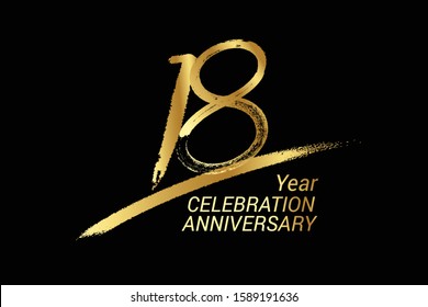 18 year anniversary chalk, golden ink Style , minimalist logo. years, jubilee, greeting card. Birthday invitation sign. Black space vector illustration on black background - Vector