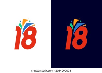 18 year anniversary firework logo design. Number celebration with colorful spark. Simple icon for carnival or festival