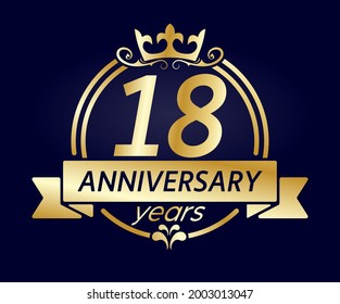 18 años. Marco redondo de oro con corona y cinta. Ilustración vectorial para saludos de cumpleaños, boda o aniversario, para diseño creativo. Estilo sencillo.
