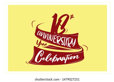 18 year anniversary Red Ribbon, minimalist logo, greeting card. Birthday invitation. 18 year sign. Red space vector illustration on yellow background - Vector