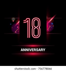 18 Year Anniversary vector logo design using neon style with flare ornament isolated on dark background