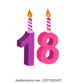 18 year birthday. Anniversary celebration with a burning candle, vector illustration.