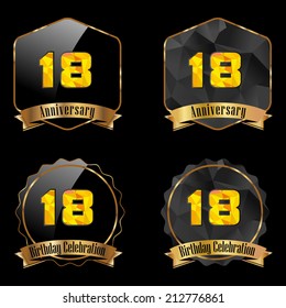 18 year birthday celebration golden label, 18th anniversary decorative polygon golden emblem - vector illustration eps10