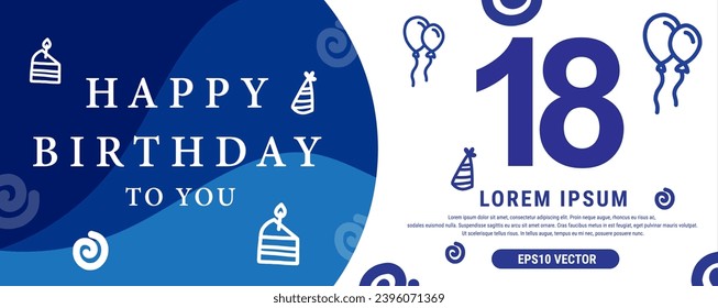 18 year celebration Creative Happy Birthday Text. Blue color decorative banner design, Vector illustration.