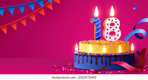 18 years anniversary. Cake with burning candles and confetti. Birthday banner. Vector illustration