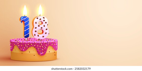 18 years anniversary. Cake with burning candles and confetti. Birthday banner. Vector illustration