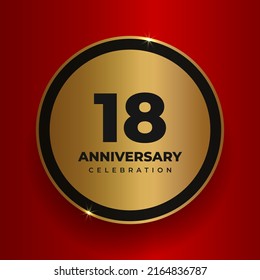 18 years anniversary celebration background. Celebrating 18th anniversary event party poster template. Vector golden circle with numbers and text on red square background. Vector illustration