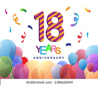 18 years anniversary celebration with colorful balloons and confetti, colorful design for greeting card birthday celebration