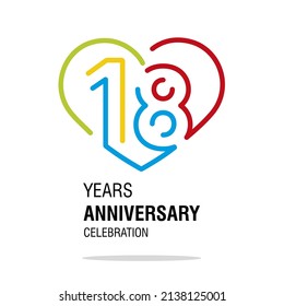 18 Years Anniversary Celebration Decoration Colorful Number Bounded By A Loving Heart Modern Love Line Design Logo Icon White Background