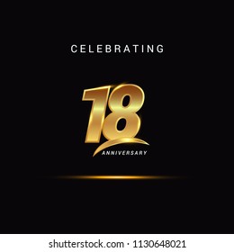 18 Years anniversary celebration golden logotype with swoosh isolated on black background, vector illustration design for greeting card, company event, invitation card, birthday