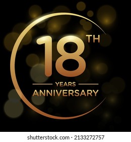 18 years anniversary celebration. Anniversary logo with ring and elegance golden color isolated on black background, vector design for celebration, invitation card, greeting card, and banner