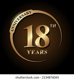 18 years anniversary celebration. Anniversary logo with ring and elegance golden color isolated on black background, vector design for celebration, invitation card, greeting card, and banner