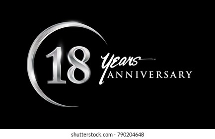 18 years anniversary celebration. Anniversary logo with silver ring elegant design isolated on black background, vector design for celebration, invitation card, and greeting card
