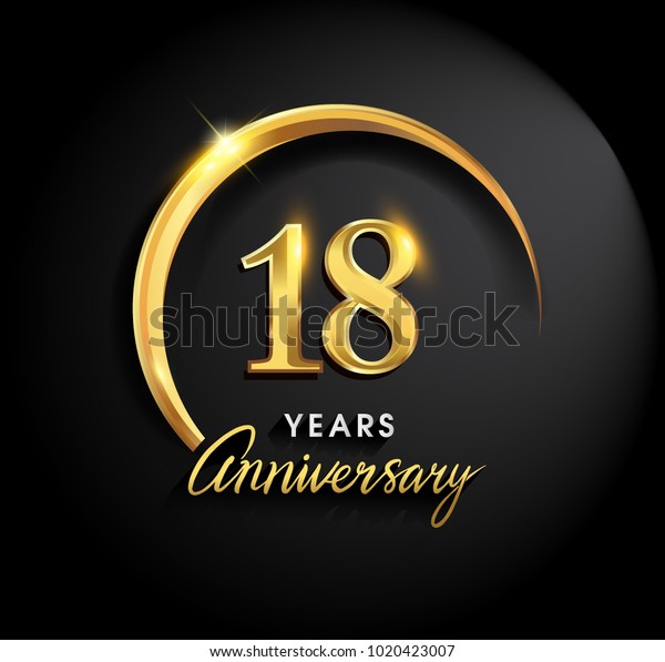 18\
years anniversary celebration. Anniversary logo with ring and\
elegance golden color isolated on black background, vector design\
for celebration, invitation card, and greeting\
card