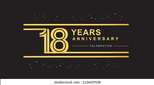 18 years anniversary celebration logotype with golden multiple line and confetti golden color isolated on black background, vector design for greeting card and invitation card
