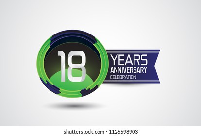 18 years anniversary celebration logotype design abstract green and blue circle with ribbon isolated on white background for celebration event