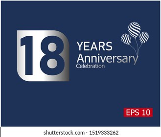 18 years anniversary celebration logotype with silver color isolated on blue background