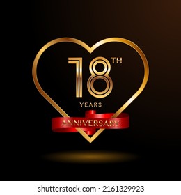 18 years anniversary celebration logotype with gold color and ribbon for booklet, leaflet, magazine, brochure poster, banner, web, invitation or greeting card. Vector illustrations.