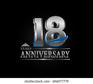 18 years anniversary celebration logotype. anniversary logo with silver color and tiny wing isolated on black background, vector design for celebration, invitation card, and greeting card