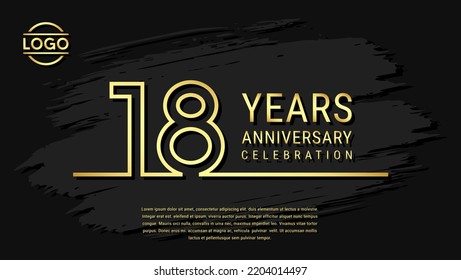 18 years anniversary celebration, anniversary celebration template design with gold color isolated on black brush background. vector template illustration