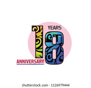 18 years anniversary with colorful tribal and pink circle. Vector illustration isolated on white background